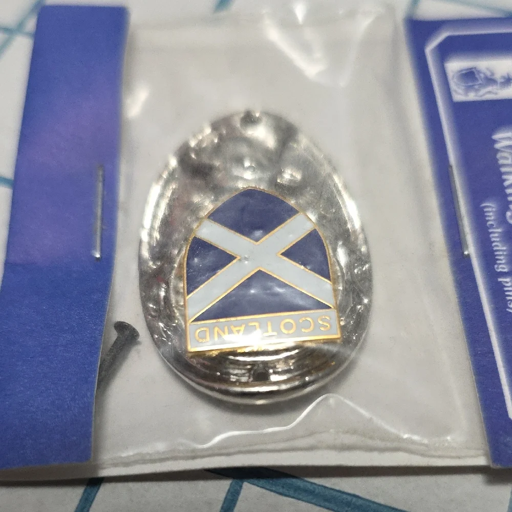 Tradition Silver and Blue Scotland Crested Walking Stick Badge NIP w/pinsVintage